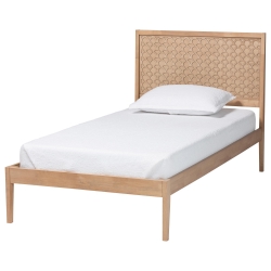Baxton Studio Lara Twin Platform Bed - Modern Wood Bed Frame with Laser-Cut Decorative Headboard Overlay, Oak Brown